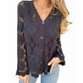thumbnail image 3 of Women Cardigan Crochet Sweater Hollow Out Button Front V Neck Long Sleeve Knit Crop Sweater Top Black L, 3 of 7
