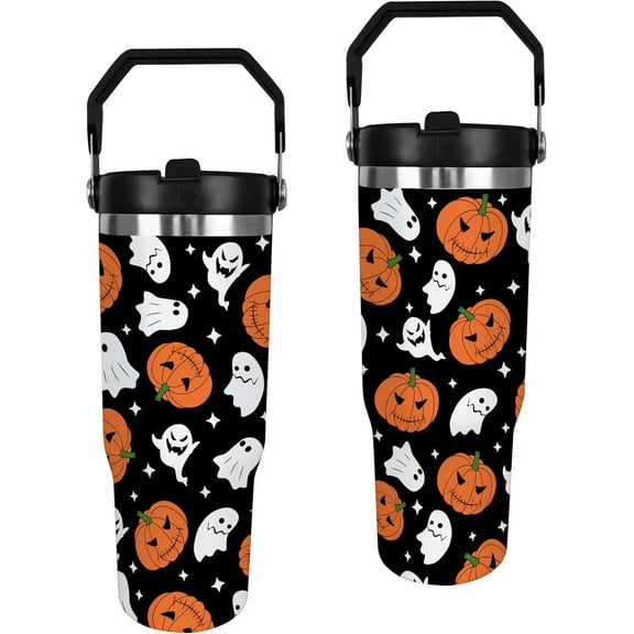 Halloween Tumbler, Spooky Pumpkin Mug Cup Ghost Tumblers with Handle and Straw 30 oz, Halloween Gifts for Friends Family Insulated Water Bottle