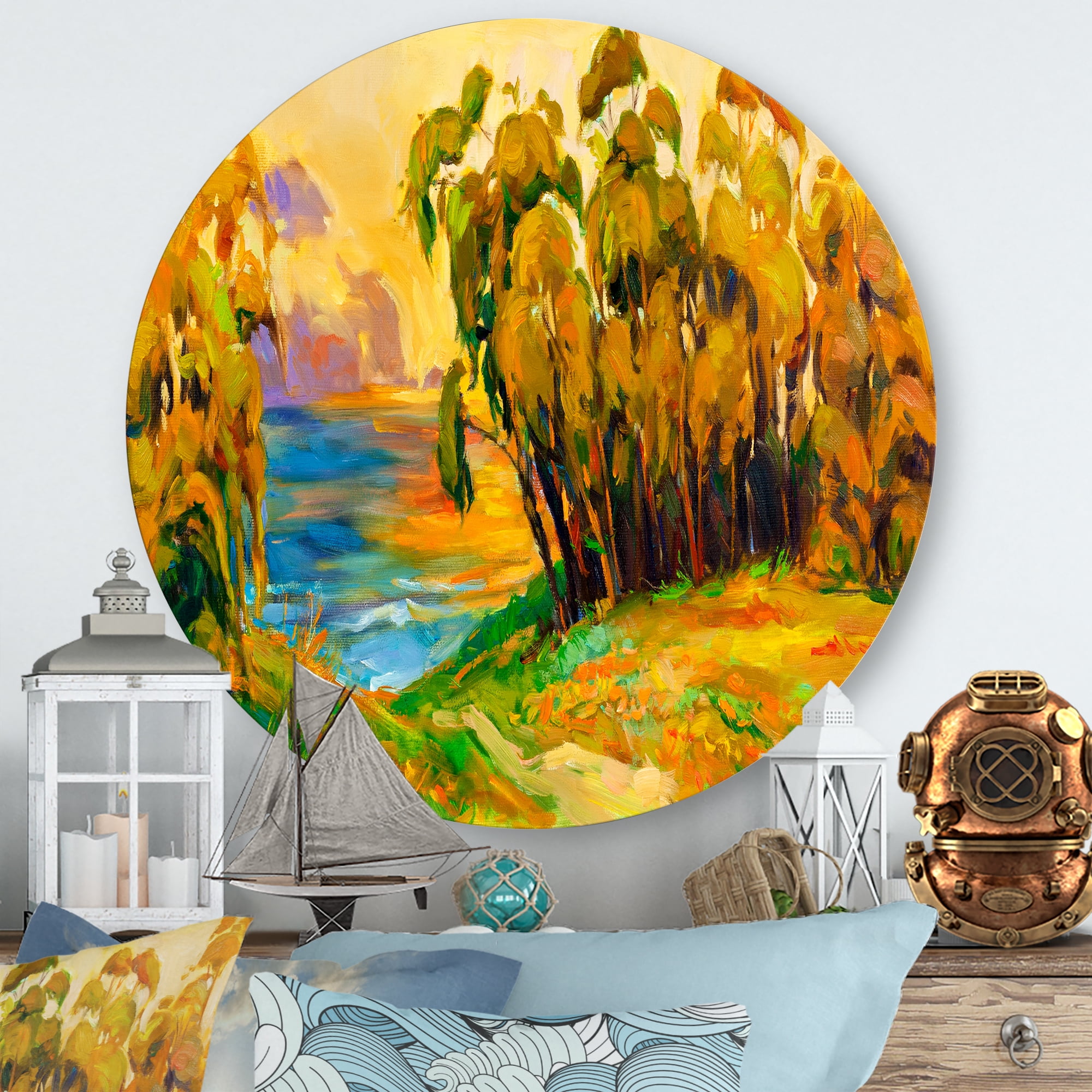 Designart 'Brown Trees By The Riverside During Evenign Glow' Traditional Circle Metal Wall Art 11x11 - Disc of 11