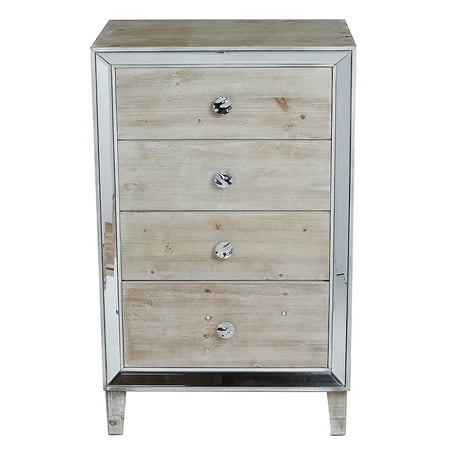 Antique Wash - White Washed Wood Accent Cabinet with 4 Drawers and Antique Mirrored Glass
