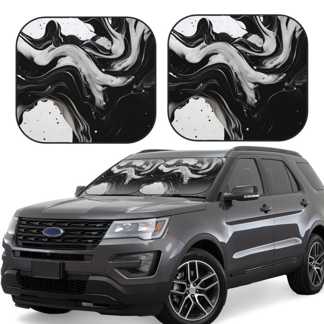 Fotbe Fluid Black White Paint Swirls 2-Piece Car Windshield Sun Shade | Sun Blocker for Car Windshield | Foldable Automotive Interior Accessories for Sun Protection-Small