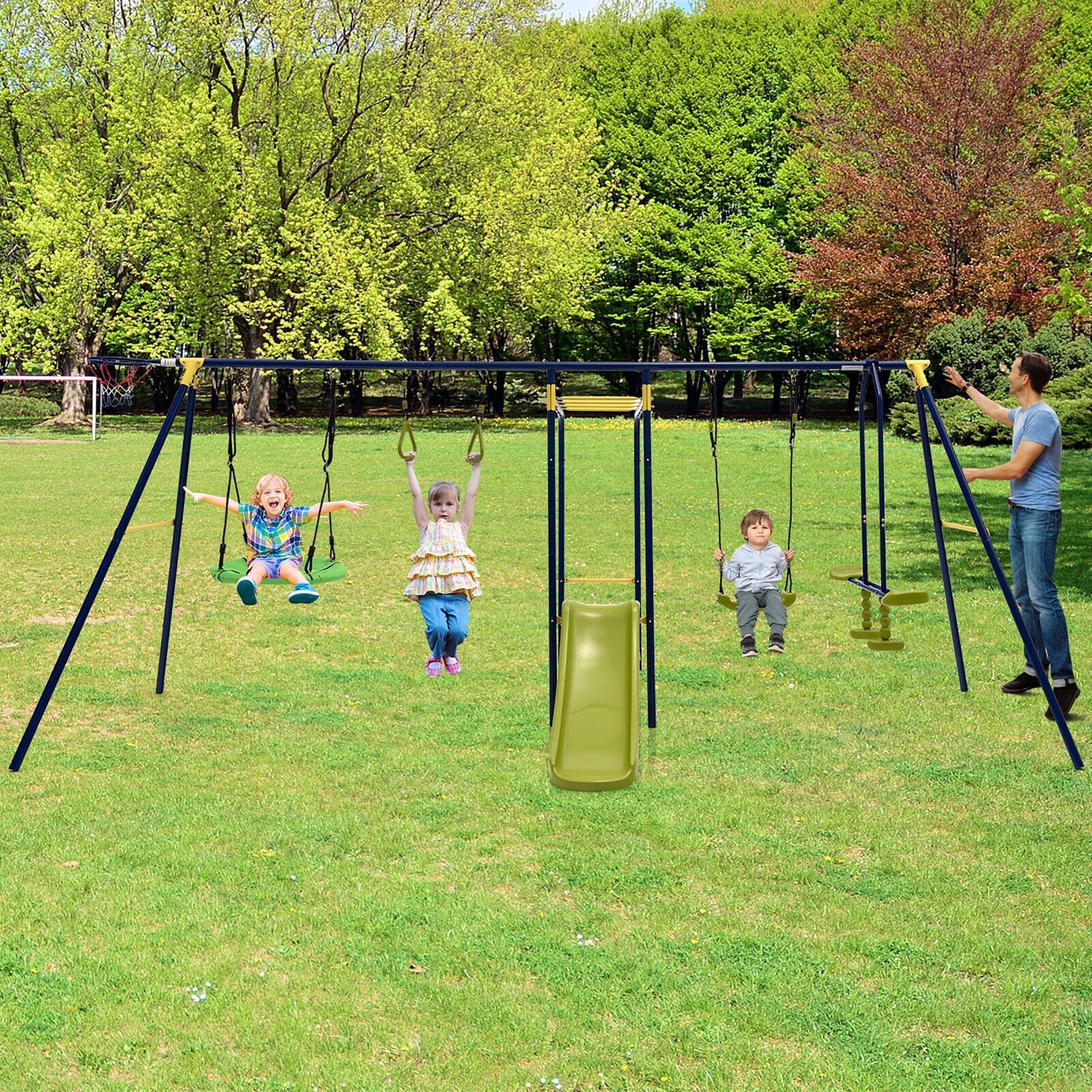 Gymax 660 lbs Kids Metal Swing Set for Backyard 7-in-1