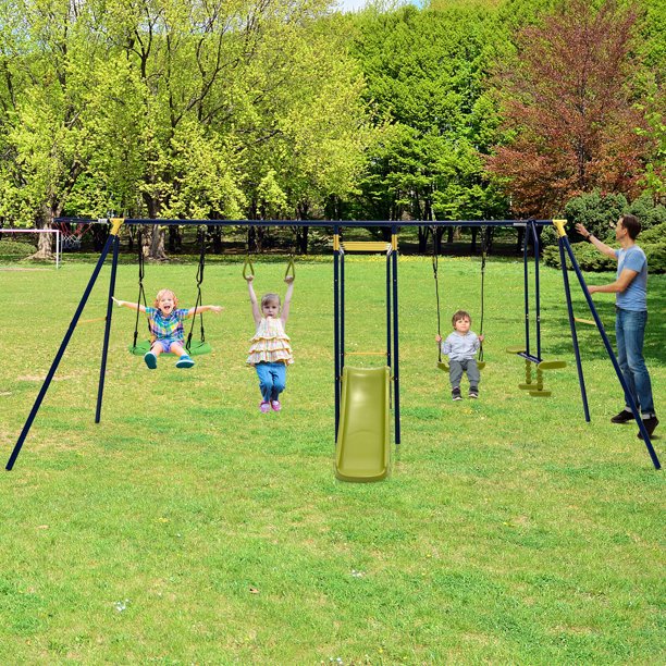Gymax 660 lbs Kids Metal Swing Set for Backyard 7-in-1