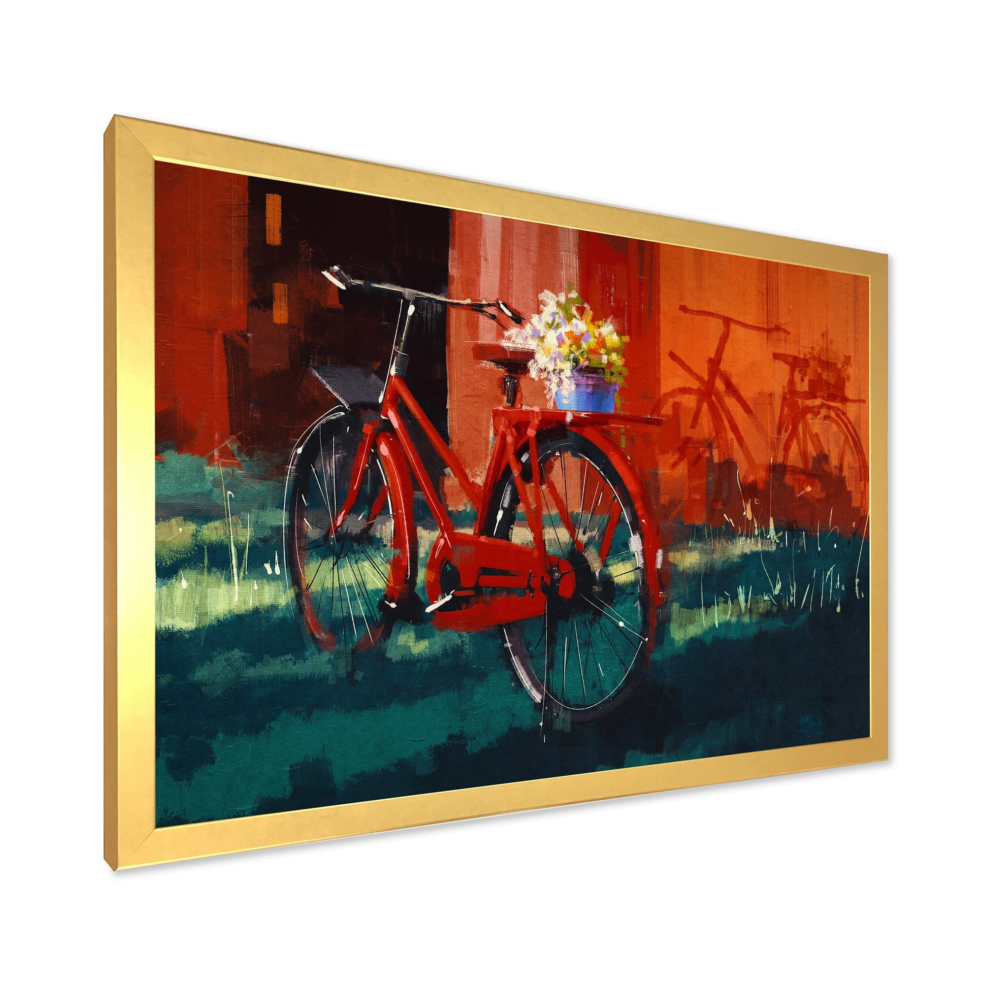 Designart 'Red VIntage Bicycle With Flowers Bucket' Vintage Framed Art Print