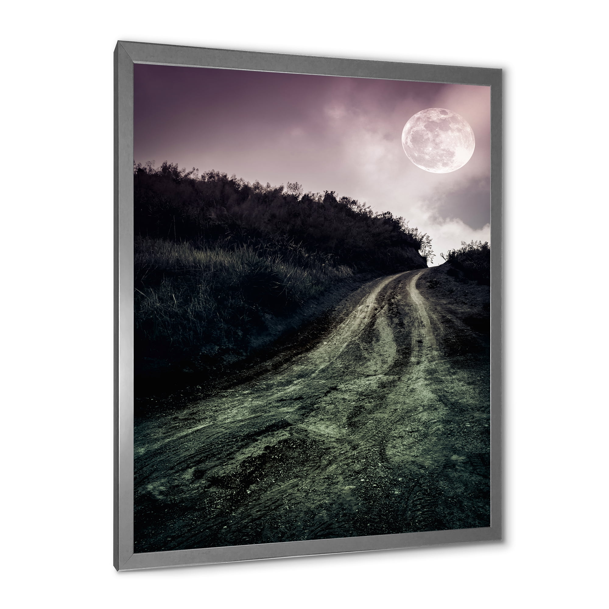 Designart 'Countryside Muddy Road Under Full Moon' Modern Framed Art Print