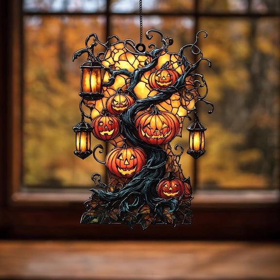 Era Gift Jack-Oâ€™-Lantern Tree Acrylic Suncatcher, Faux Stained Glass Window Hanging With Pumpkins & Lanterns, Halloween Fall Jack-Oâ€™-Lantern