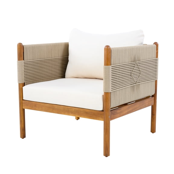 Club Chair, Outdoor Acacia Wood Chair with Diamond Rope Weave and Cushions for Patio Garden, Teak and Cream