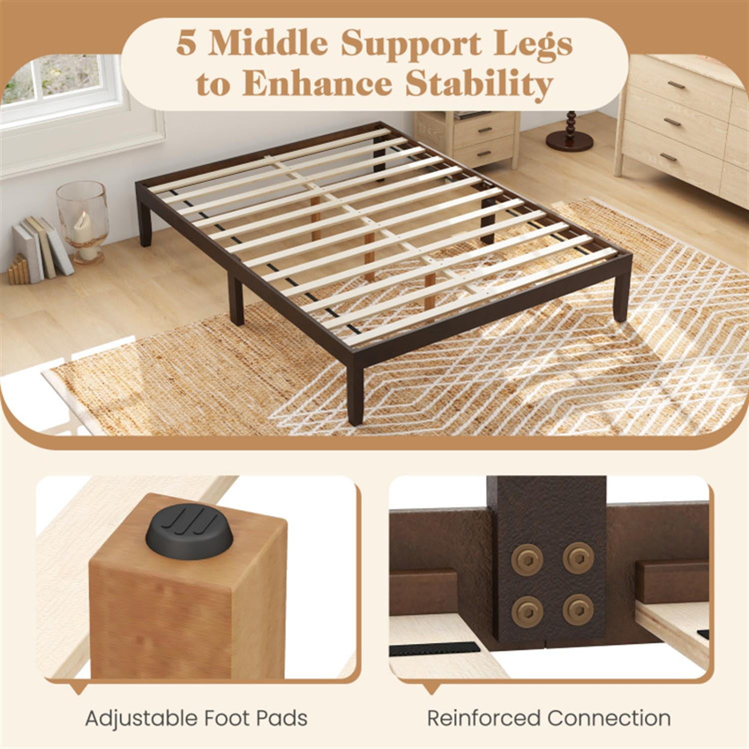Demi Bonn Queen Size Bed Frame with Wooden Slats Support and Rubber Wood Legs, Acacia Wood Platform Bed Frame with Under Bed Storage, No Box Spring Needed, Brown
