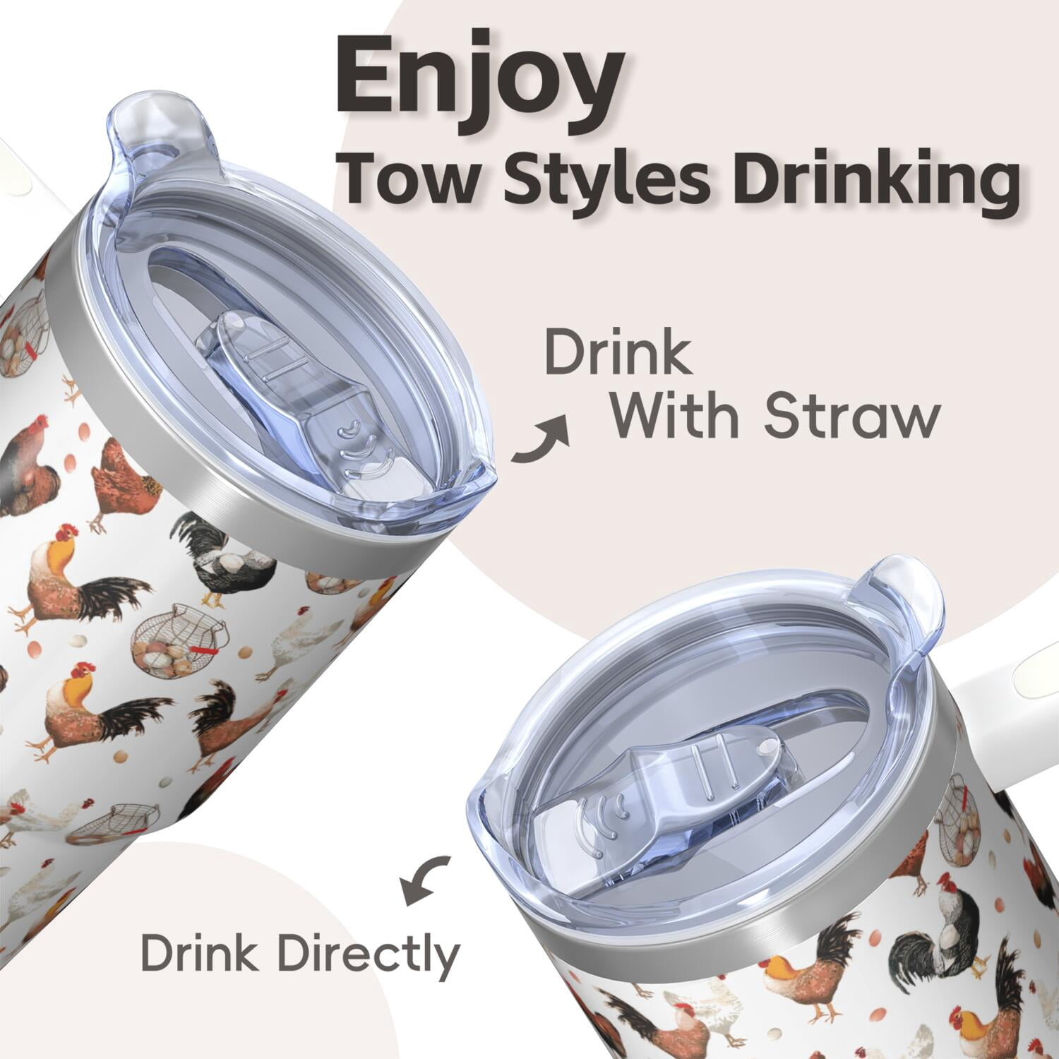 20oz Farm Chicken Tumbler with Handle Insulated Travel Mug Adorable Birthday Christmas Gift for Chicken Enthusiasts Women Men Fits Car Cup Holders Comfortable Grip Splash Resistant Lid Daily Commutes