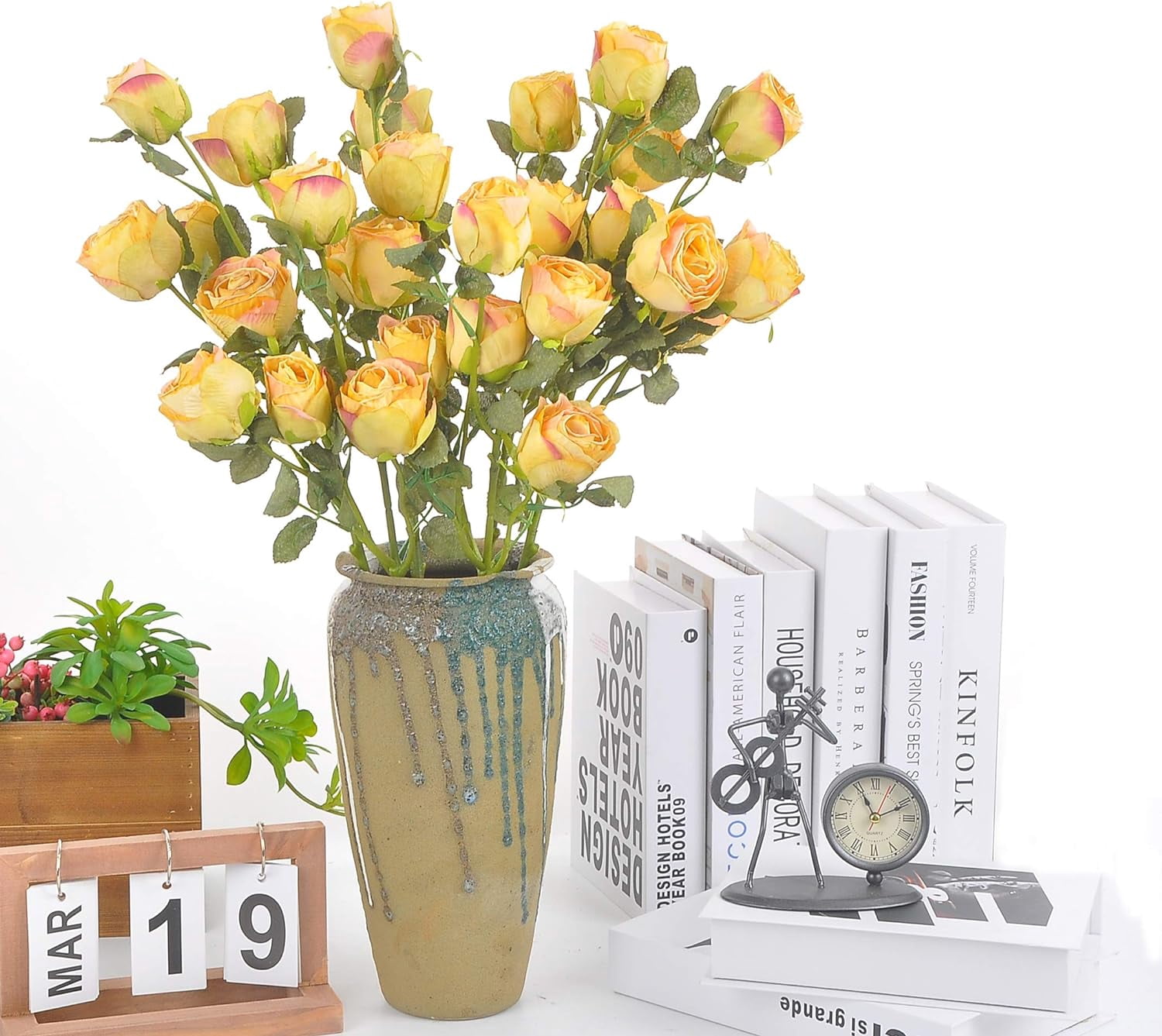 Dried Flower Artificial Rose 6pcs 24 Inch Long Stem Silk Rose with 5 Flowers for Wedding DIY Bridal Bouquet Home Decor Centerpiece Arrangement(White)