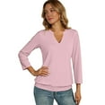 thumbnail image 3 of Womens Casual 3/4 Sleeve Shirts V Neck Banded Bottom Tops Dressy Summer Spring Blouse Pink 2XL, 3 of 4