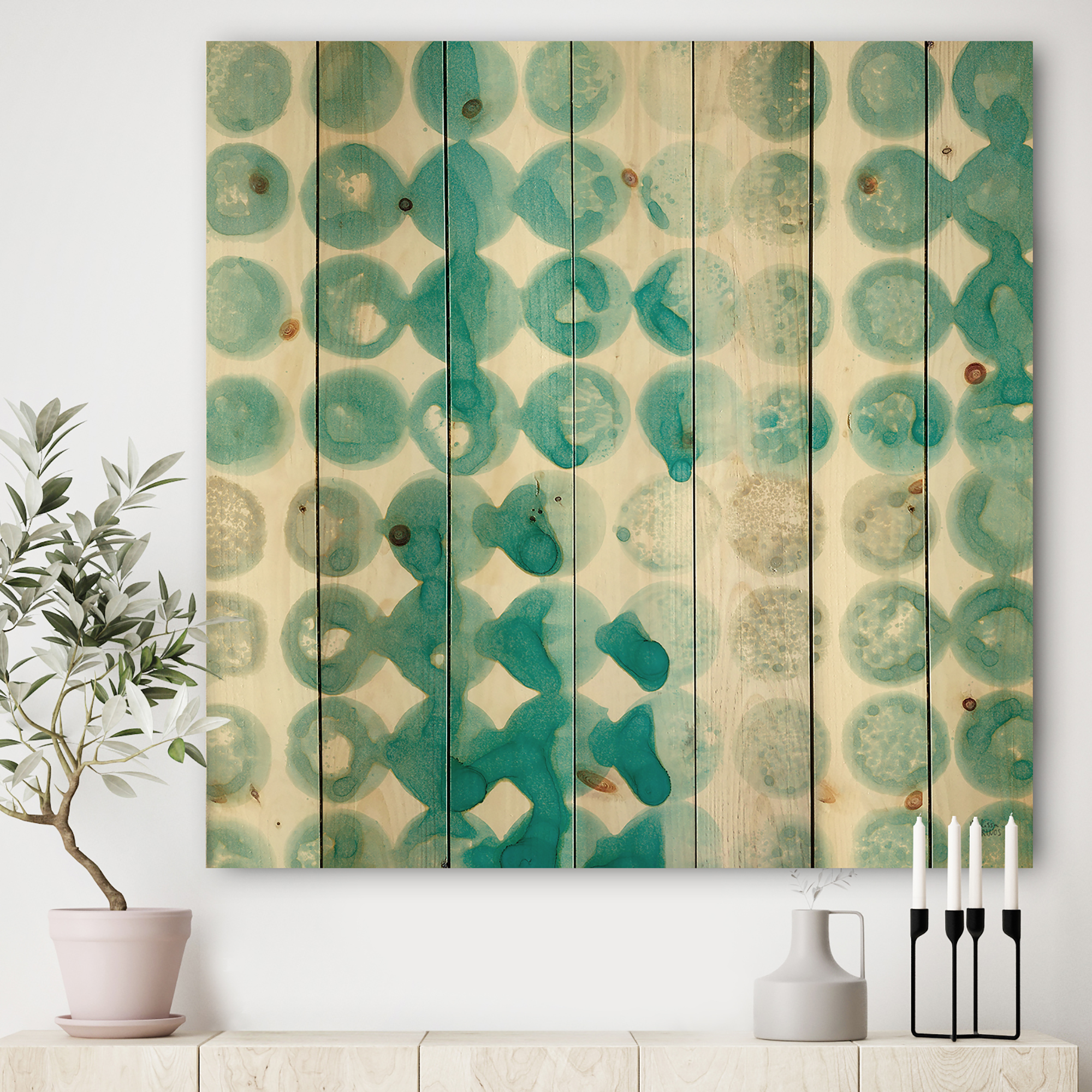 Designart 'Turquoise Watercolor geometrical II' Modern & Transitional Print on Natural Pine Wood