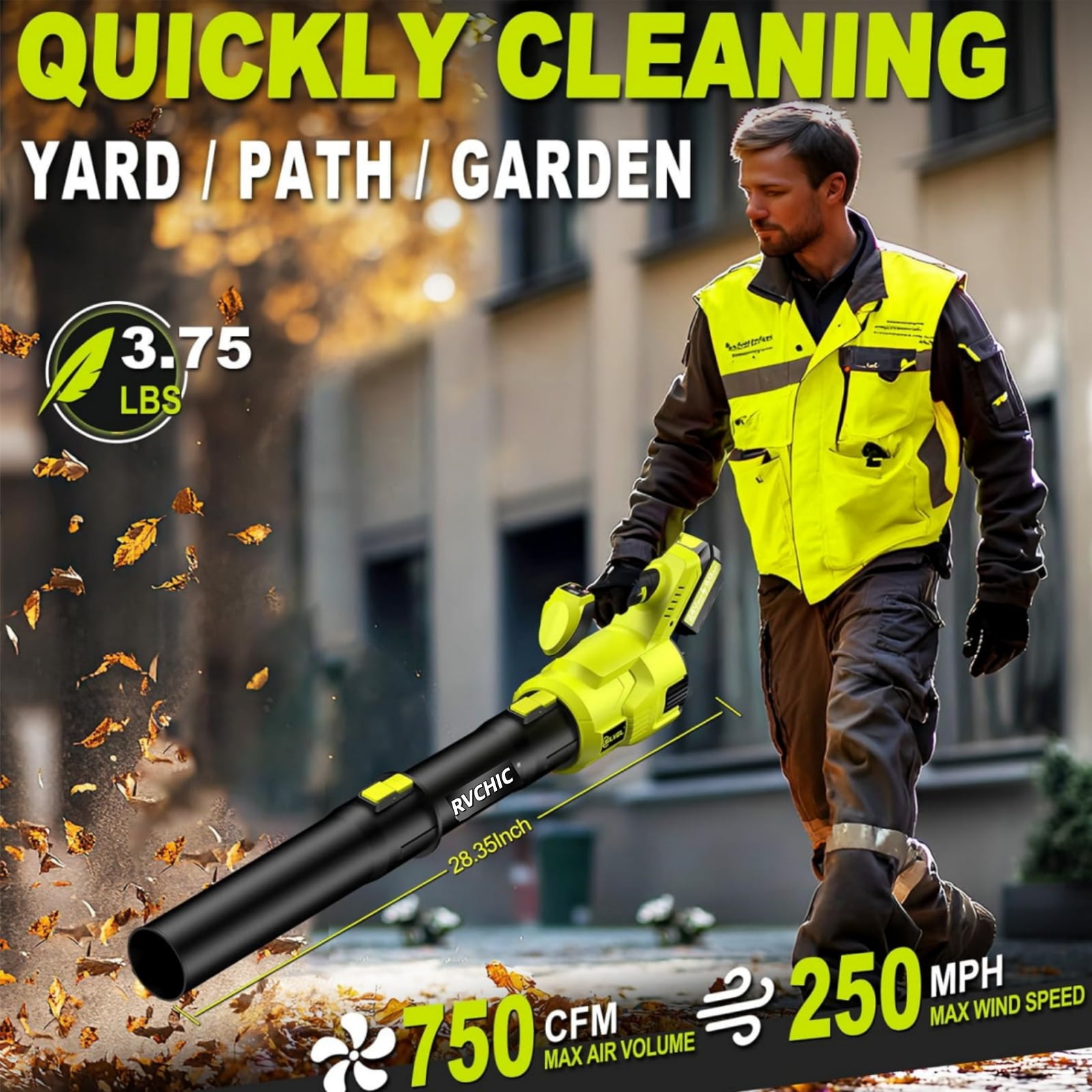 Rvchic 24V Cordless Turbo Leaf Blower with LCD Screen,Variable Speeds Leaf Blower with 2x6.0Ah Battery and Quick Charger,for Yard,Lawn,Garage & Garden,750CFM