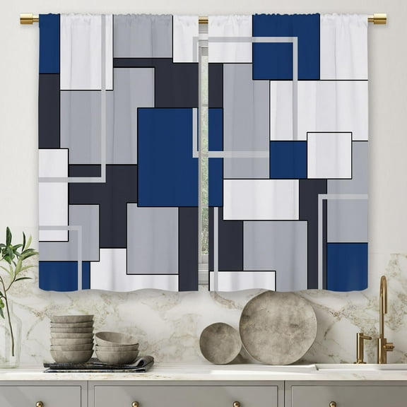 Navy Blue Geometric Kitchen Curtains - Modern Abstract Checkered Small Short Cafe Window Drapes - Black Grey White Rod Pocket Bathroom Treatment Tier (27.5x36 Inch)