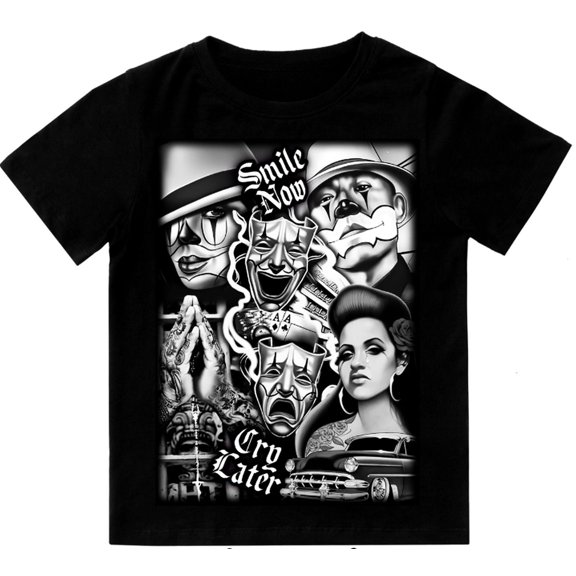 Smile Now Cry Later Chicano Art Mens T-Shirt Print On Shaka Wear Heavyweight Tee