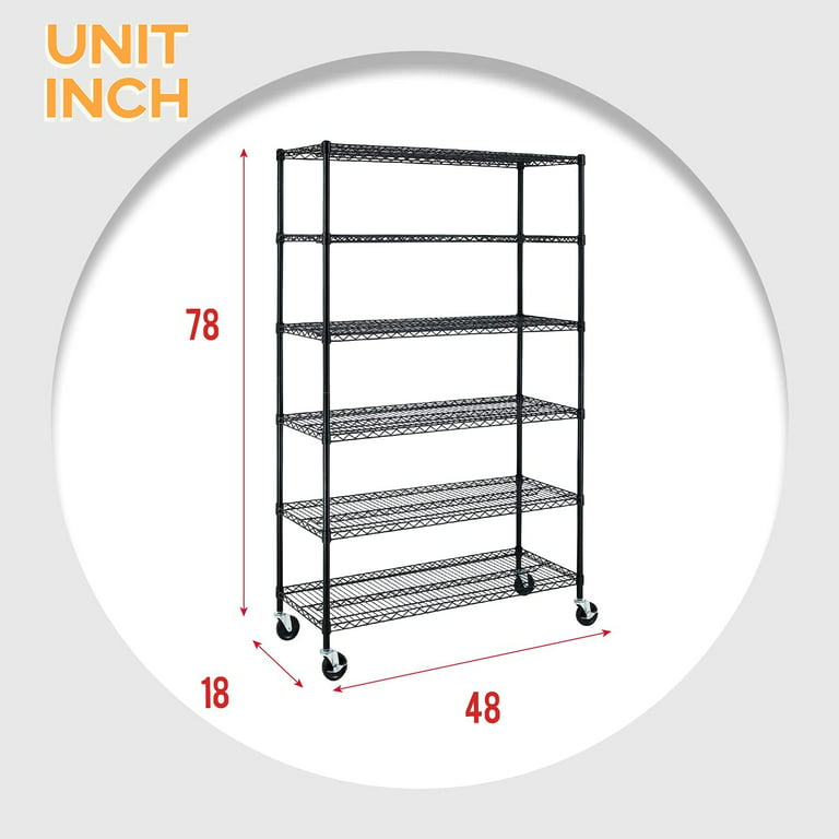 FUNKOL 6-Tiers Black with Wheels Adjustable Height Heavy Steel Load Capacity 6000lbs Rectangles Warehouse Wire Shelves