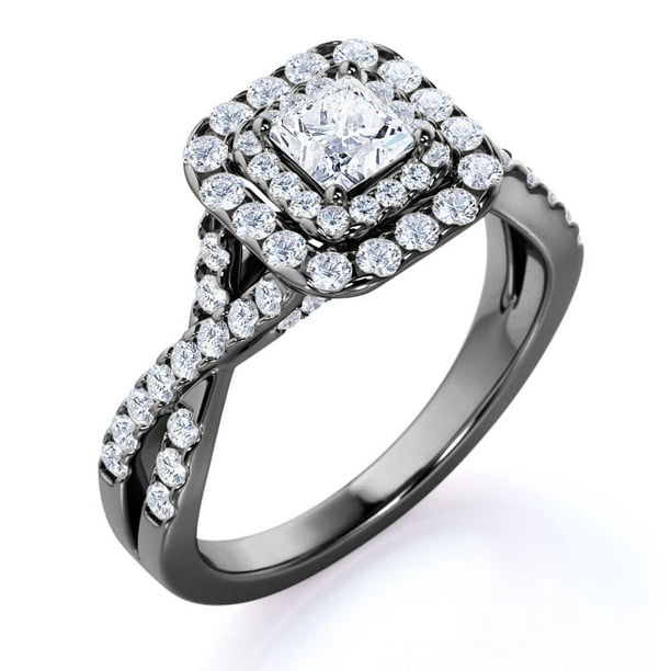 Elegante Anillo de Compromiso Gótico de Oro Negro de 10 K con Banda Retorcida, Diamante de Talla Cuadrada de 1 Quilate y Doble Halo Pavé