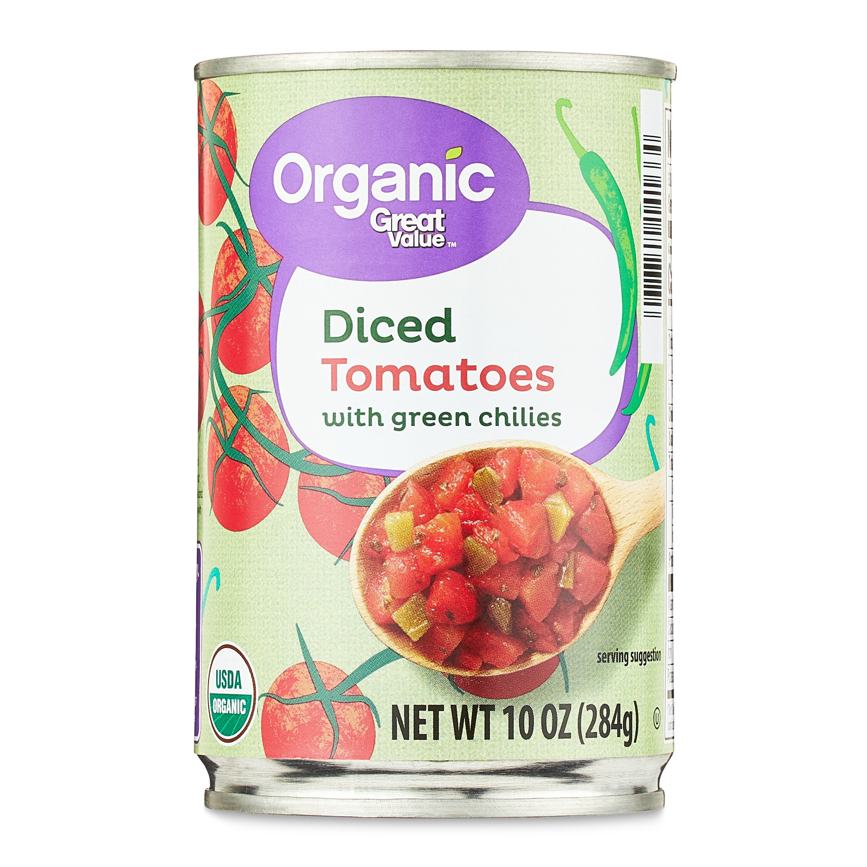 (12 pack) Great Value Organic Diced Tomatoes with Green Chilies, 10 oz
