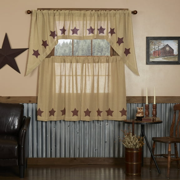 VHC Brands Burlap Natural with Burgundy Stars 4 PC Curtain Set (2 Swag 36x16 and 2 Tier 36x36)