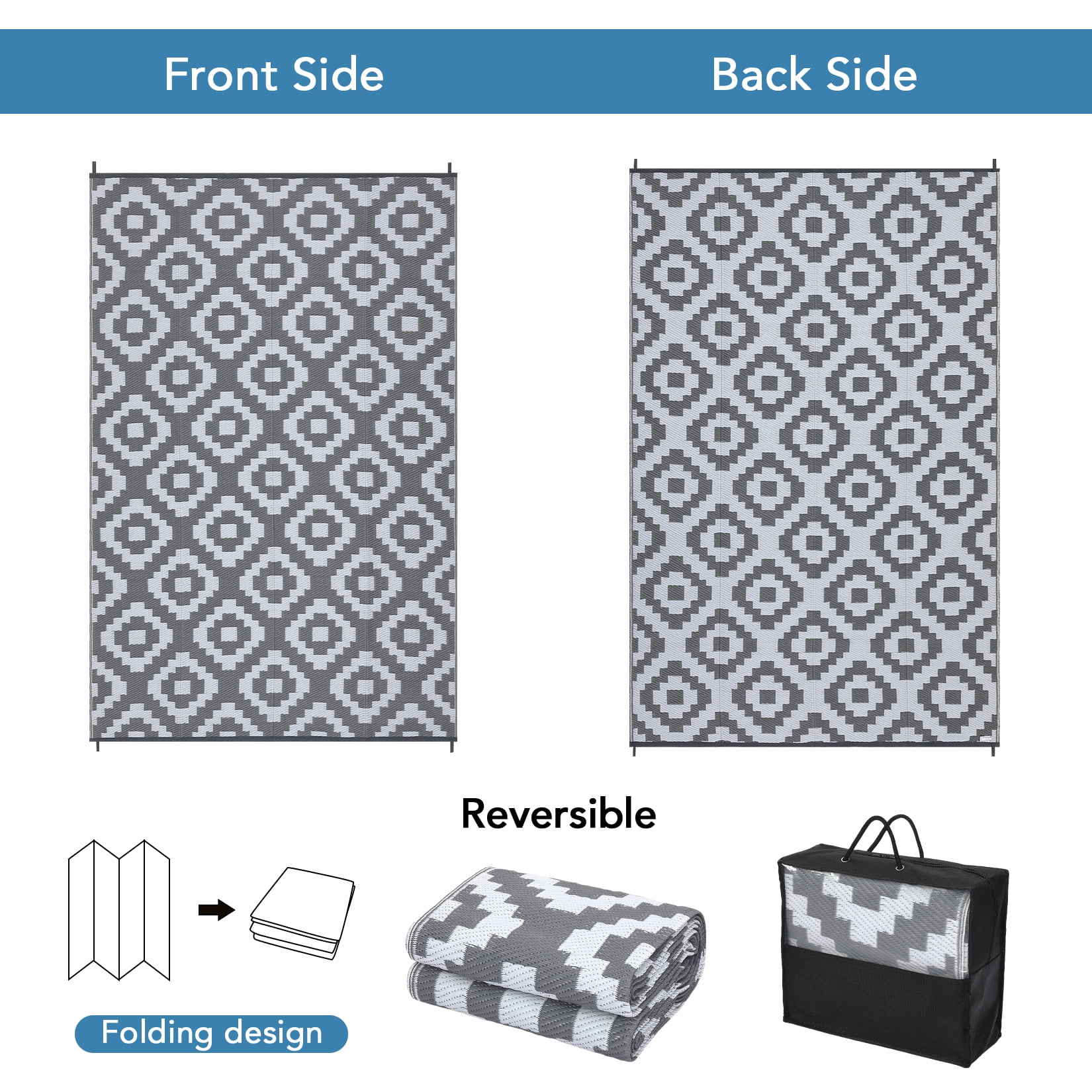 Garvee Waterproof Outdoor Rug 8'x10' Reversible Plastic Patio Rugs, Portable Modern Abstract Indoor Outdoor Carpet for Camping, Balcony, Deck, Backyard, Gray & White, with Storage Bag
