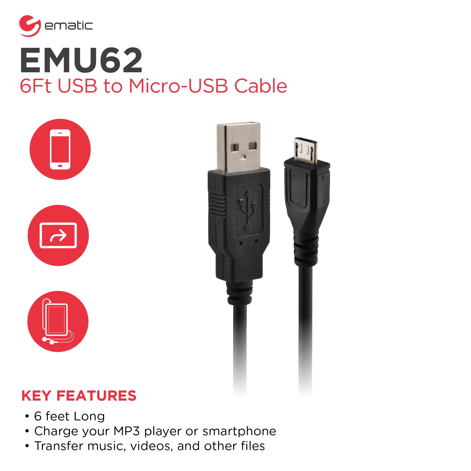 Ematic EMU62 Charge and Sync Micro USB to USB-A Cable, 6 Feet