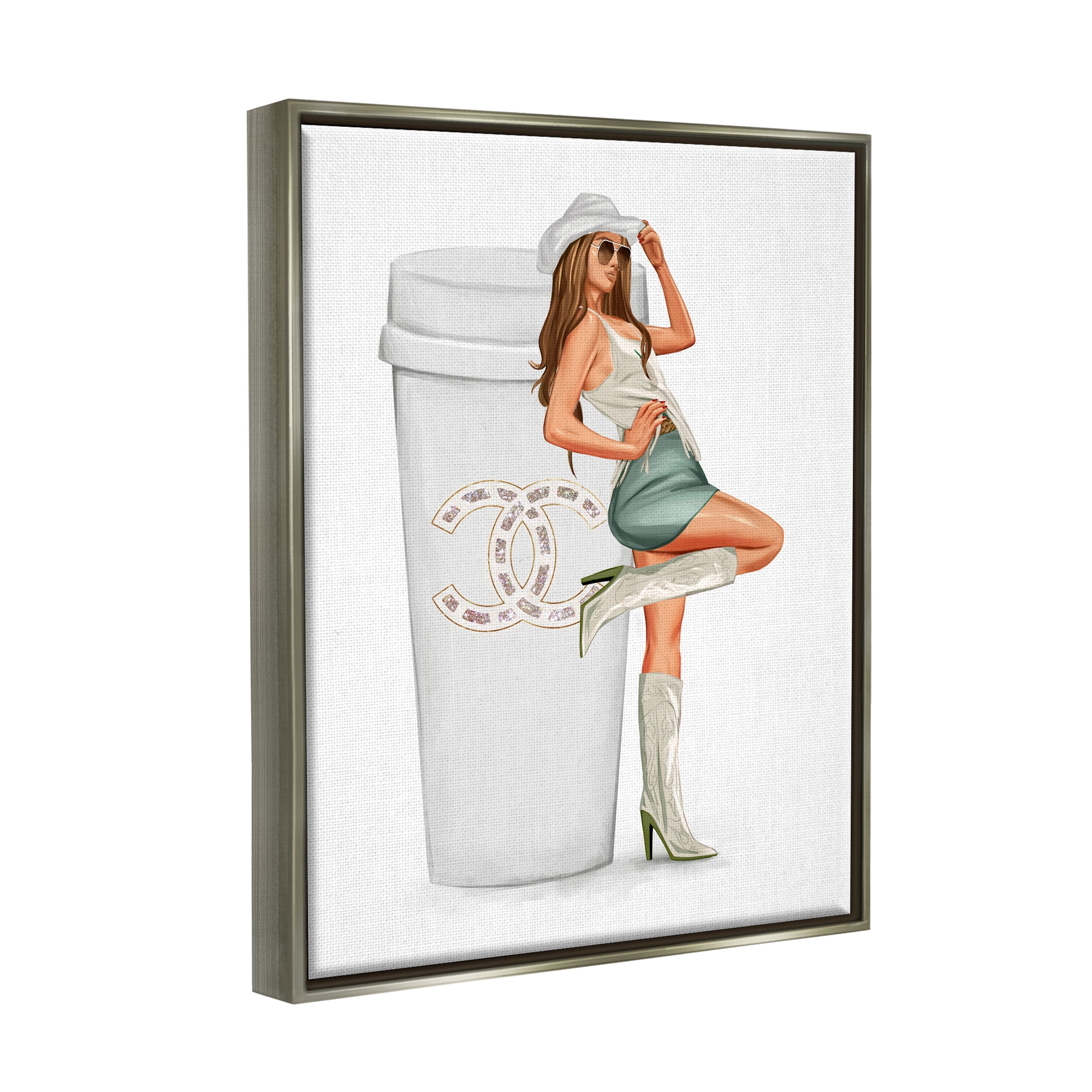Stupell Industries Glam Cowgirl Fashion Coffee Cup Beauty & Fashion Painting Gray Floater Framed Art Print Wall Art