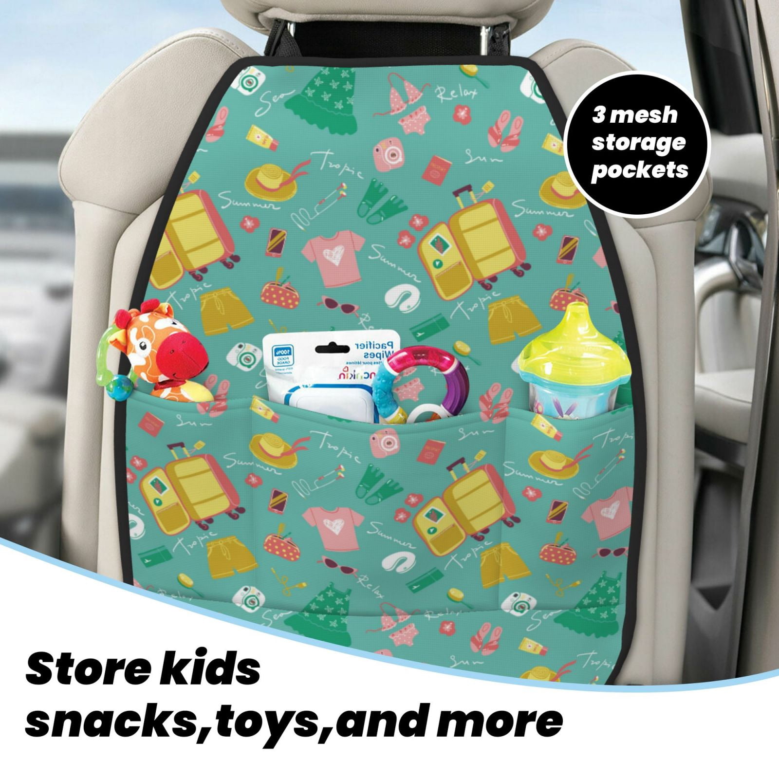 Kdxio Happy Summer Print 2 Pack Car Kick Mat Seat Cover Back Protector Mat with Pockets for Organizer Backseat Protector and Storage Anti Kick Pad for Vehicles