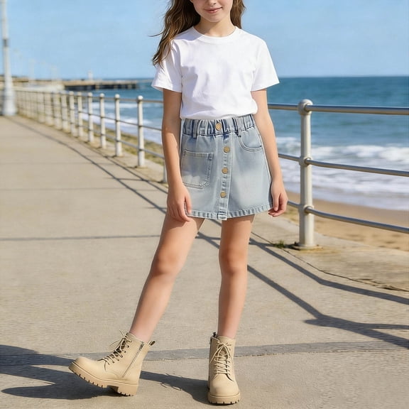 Girls Denim Skort, Elastic Waist Casual A-Line Skirt with Built-In Shorts and Pockets, Everyday Playwear for School and Weekend Outings