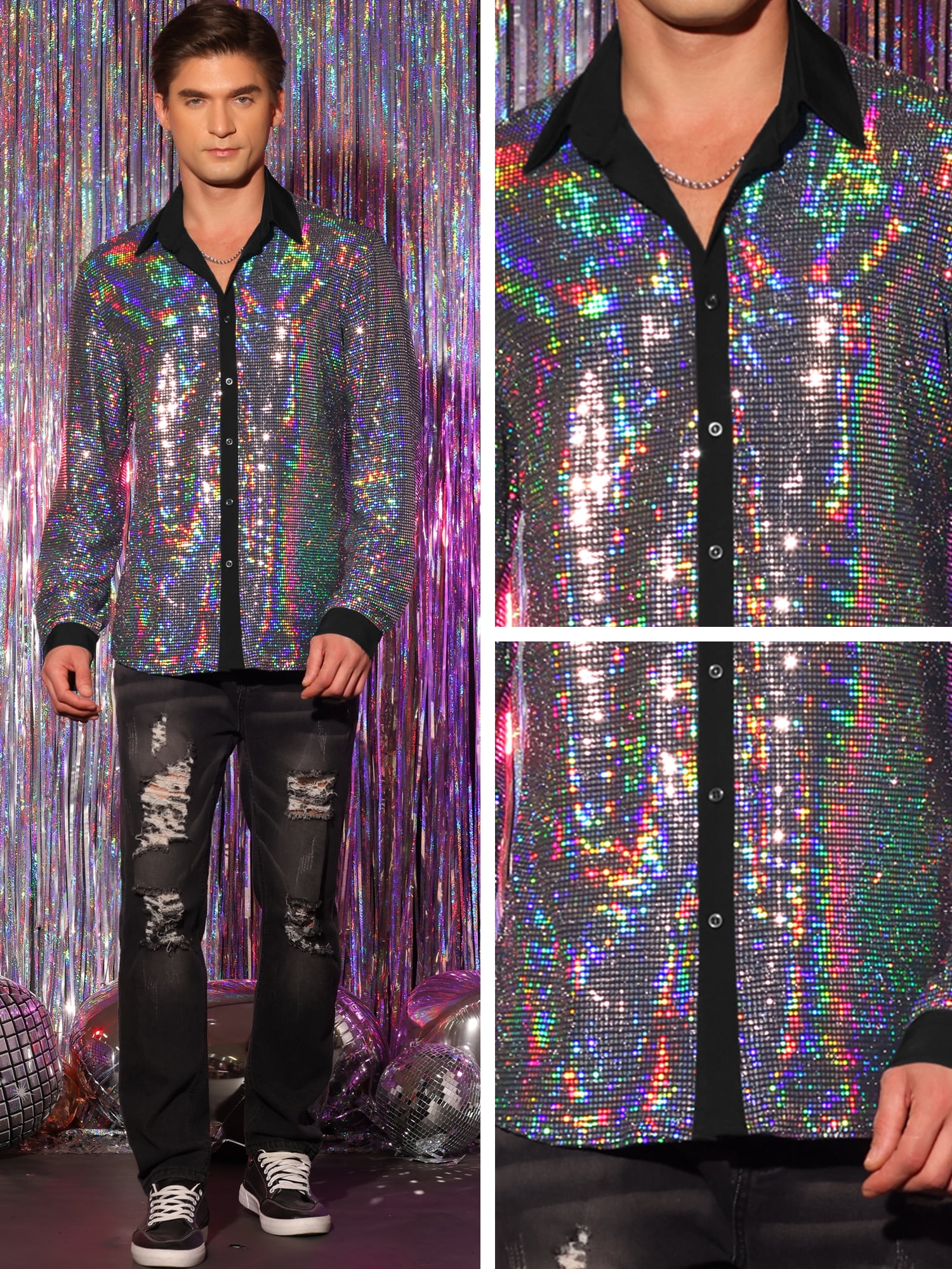 DARING DIVA Men's Sequin Long Sleeves Button Down Disco Metallic Shiny Shirts M Silver
