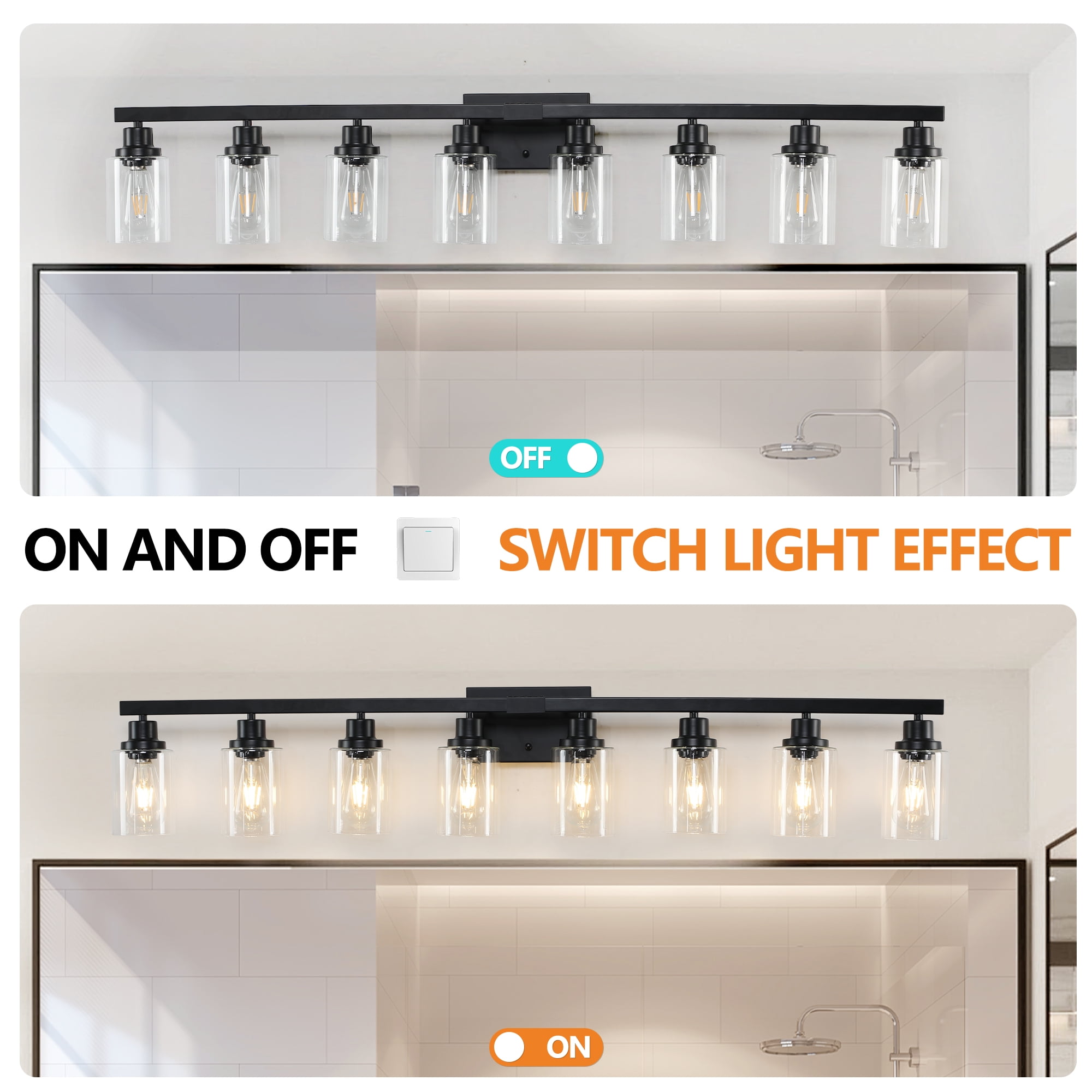 Miniyam 8-Light Black Bathroom Vanity Light, Industrial Farmhouse Wall Fixture with Clear Glass Shades