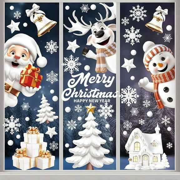 9Pcs Christmas Window Clings Snowflakes Christmas Tree Santa Claus Snowmen Elk Window Stickers Double Sided Static 3D Xmas for Christmas Decorations Winter Window Clings Christmas Window Decorations