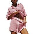 thumbnail image 2 of Womens Sweater Set 2 Piece Outfits Oversized 3/4 Sleeve V Neck Knit Tops High Waisted Shorts Lounge Sets Pink S, 2 of 8