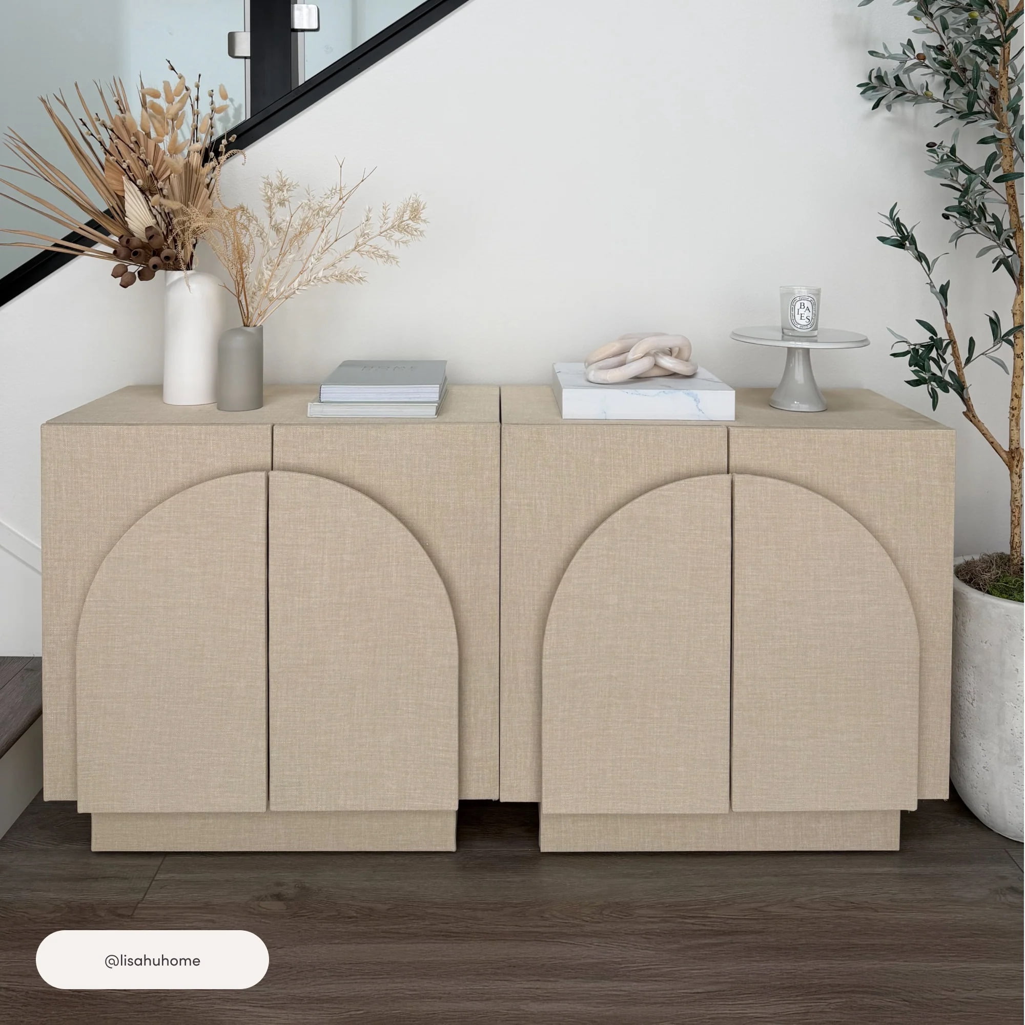 Nathan James Iris Mid Century Modern Arched Curio Cabinet with Beige Linen Finish, Wooden Storage Cabinet with Doors