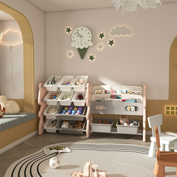 Kids Toy Storage Organizer with 2 Tier Bookshelf & 12 Bins – Multi-Functional Toy Storage for Playrooms, Bedrooms, Classrooms (Pink)