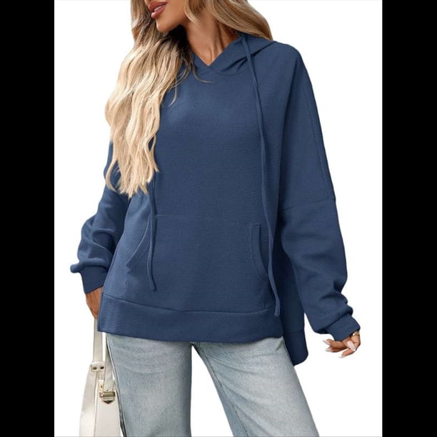 Sudadera con Capucha de Gran Tamaño para Mujer, Informal, de Larga, de Punto, con Cordón Ajustable, Abertura Lateral y Bolsillo Azul Marino M