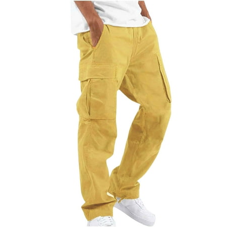 

Juebong Mens Khaki Cargo Pants Athletic Gym Workout Sweatpants Jogger Pants Running Trousers with Pockets Small Yellow