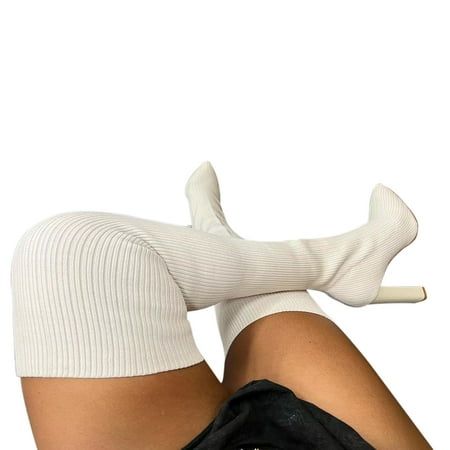 KIJBLAE Women s Thigh High Boots Over-the-Knee Boots Stretchy Knit Pointy Toe Knee High Boots Black Suede Boots Beige 42