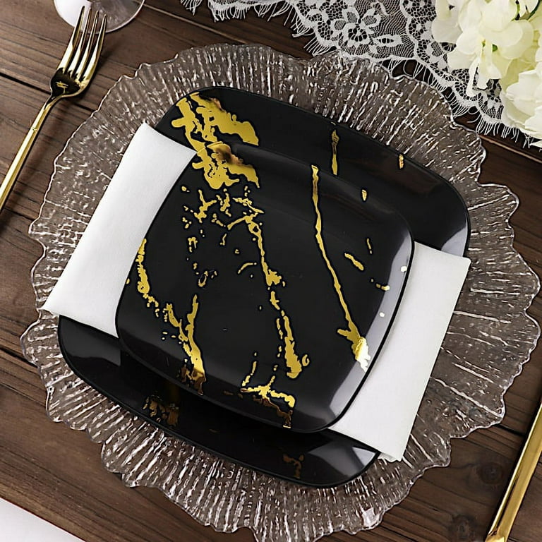 BalsaCircle 10 Black Gold Metallic Marble Square Disposable Salad Dinner Plastic  Plates Party Events Tableware 