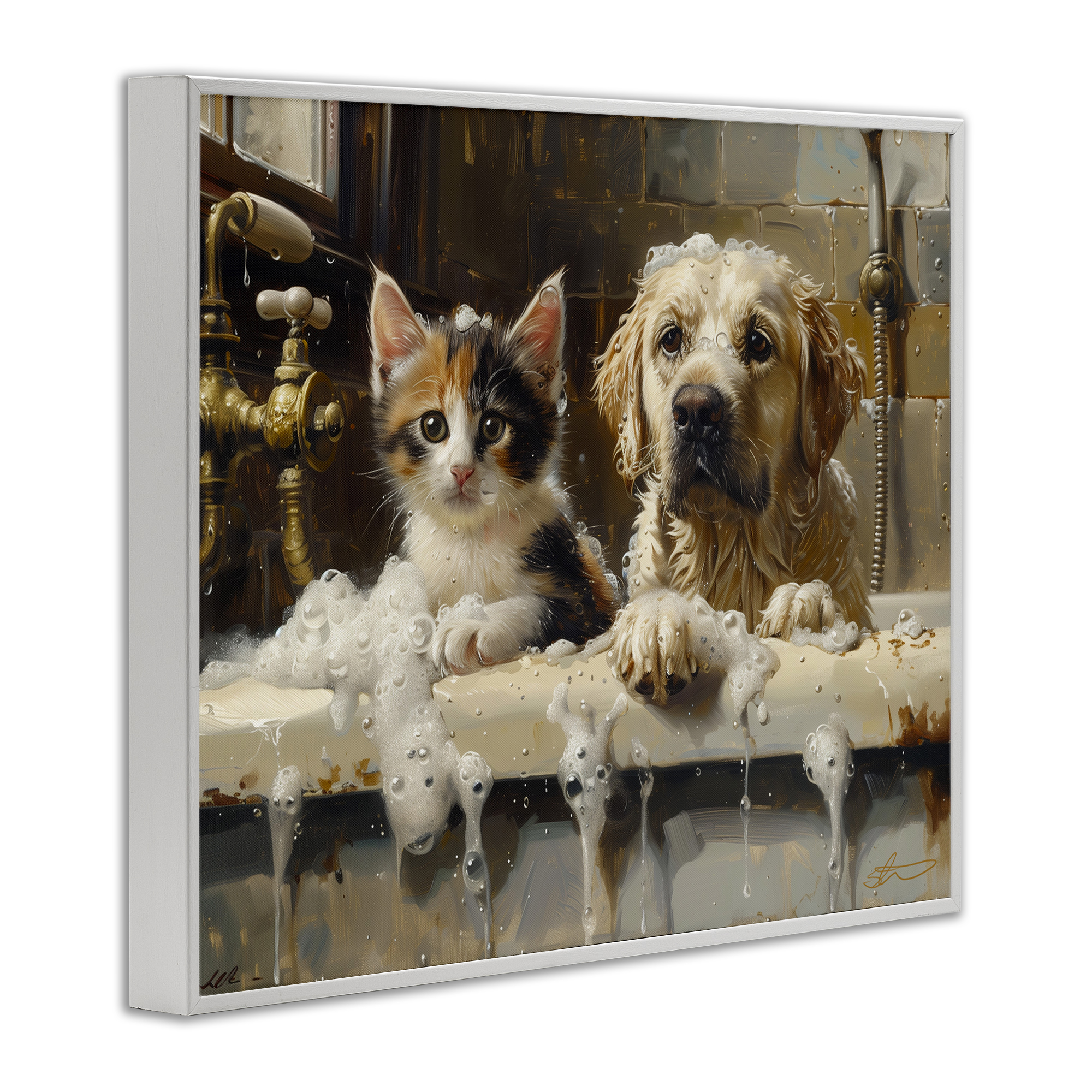 Bath Buddies Cat & Dog White Framed Giclee Art, design by Shawna Stewart