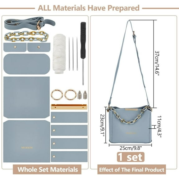 DIY Crossbody Bag Making Kits Handmade Purse Handbag Making Set Imitation Leather Sew on Women Bag Craft Material Kit for DIY Craft Bag Making Accessories 9.8x4.3x9.1 Inch Blue