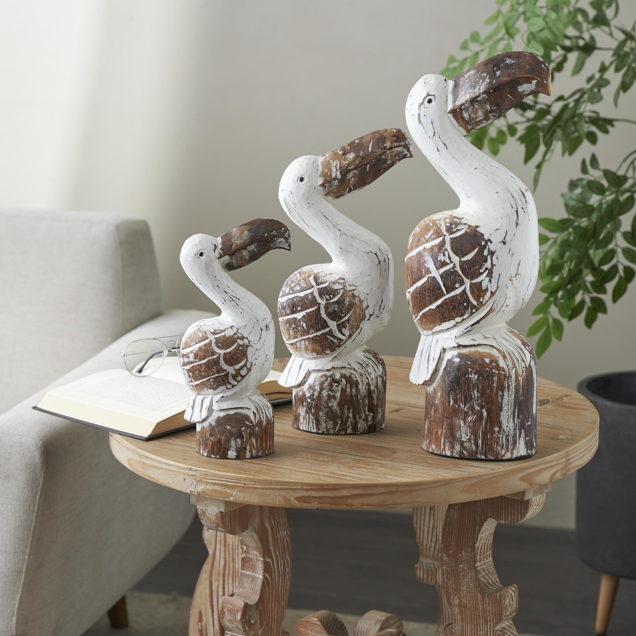 20", 16", 12"H White Wood Handmade Distressed Pelican Sculpture with Brown Accents, by DecMode (3 Count)