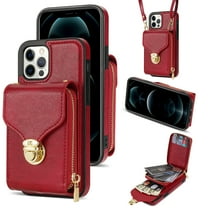Feishell Crossbody Wallet Case for iPhone 12 Pro Max,with Detachable Shoulder Strap,Premium PU Leather Metal Snap Zipper Pocket Credit Card Holder Kickstand Phone Case for Women Men,Red