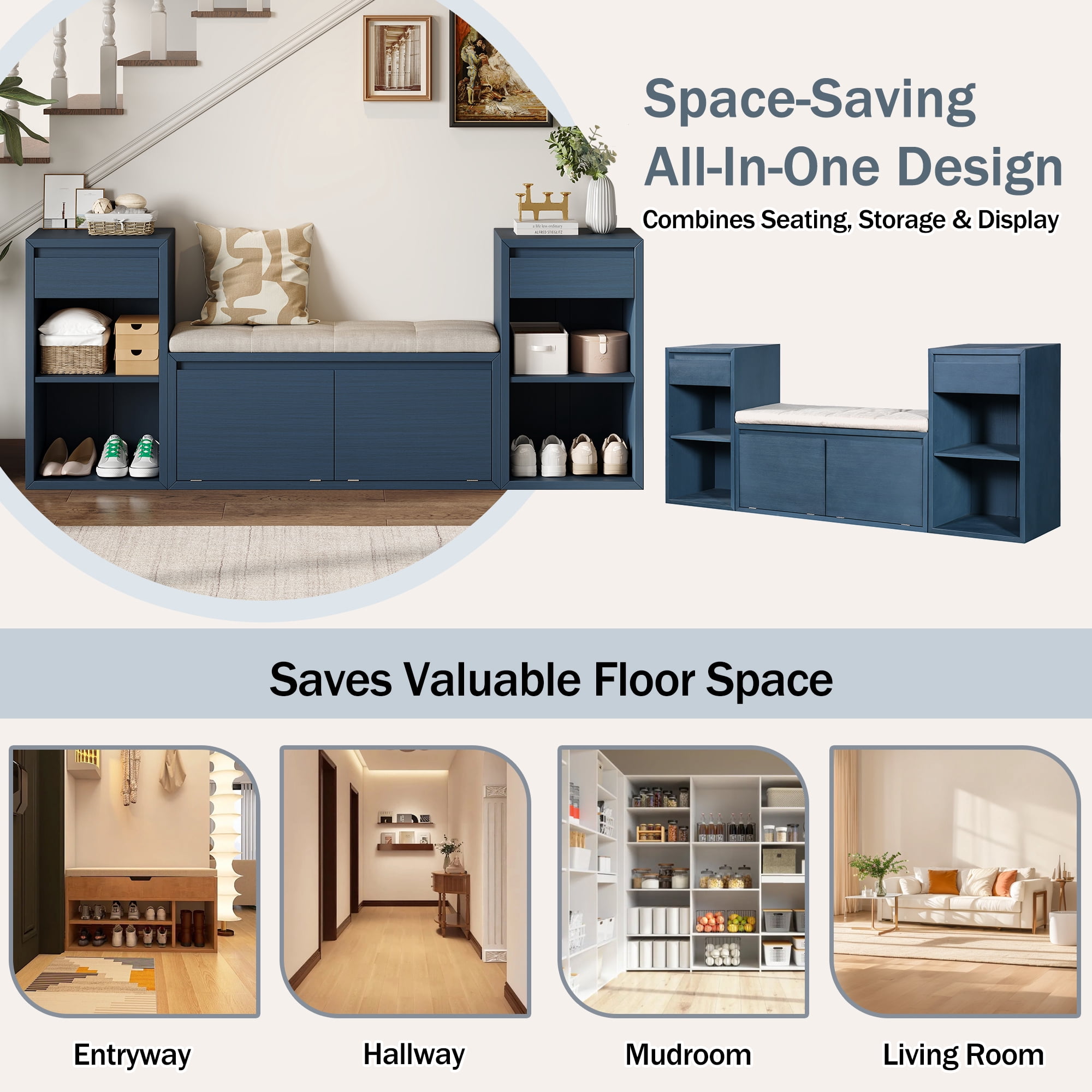 Aukfa 3pcs Storage Shoe Bench Set with Cushioned Seat, Entryway Organizer with Open Shelves & Cubbies,Antique Navy