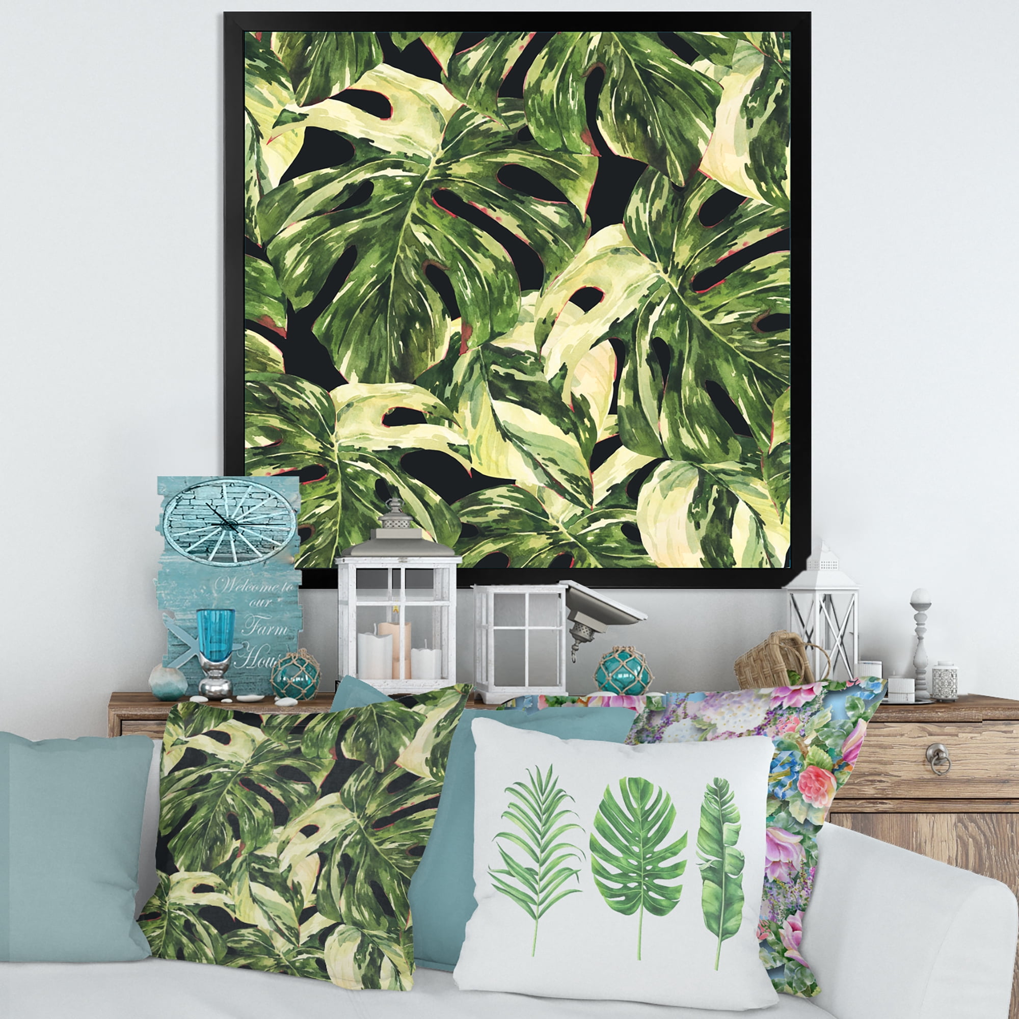 Designart 'Natural Green Leaves Exotic On Dark II' Tropical Framed Art Print