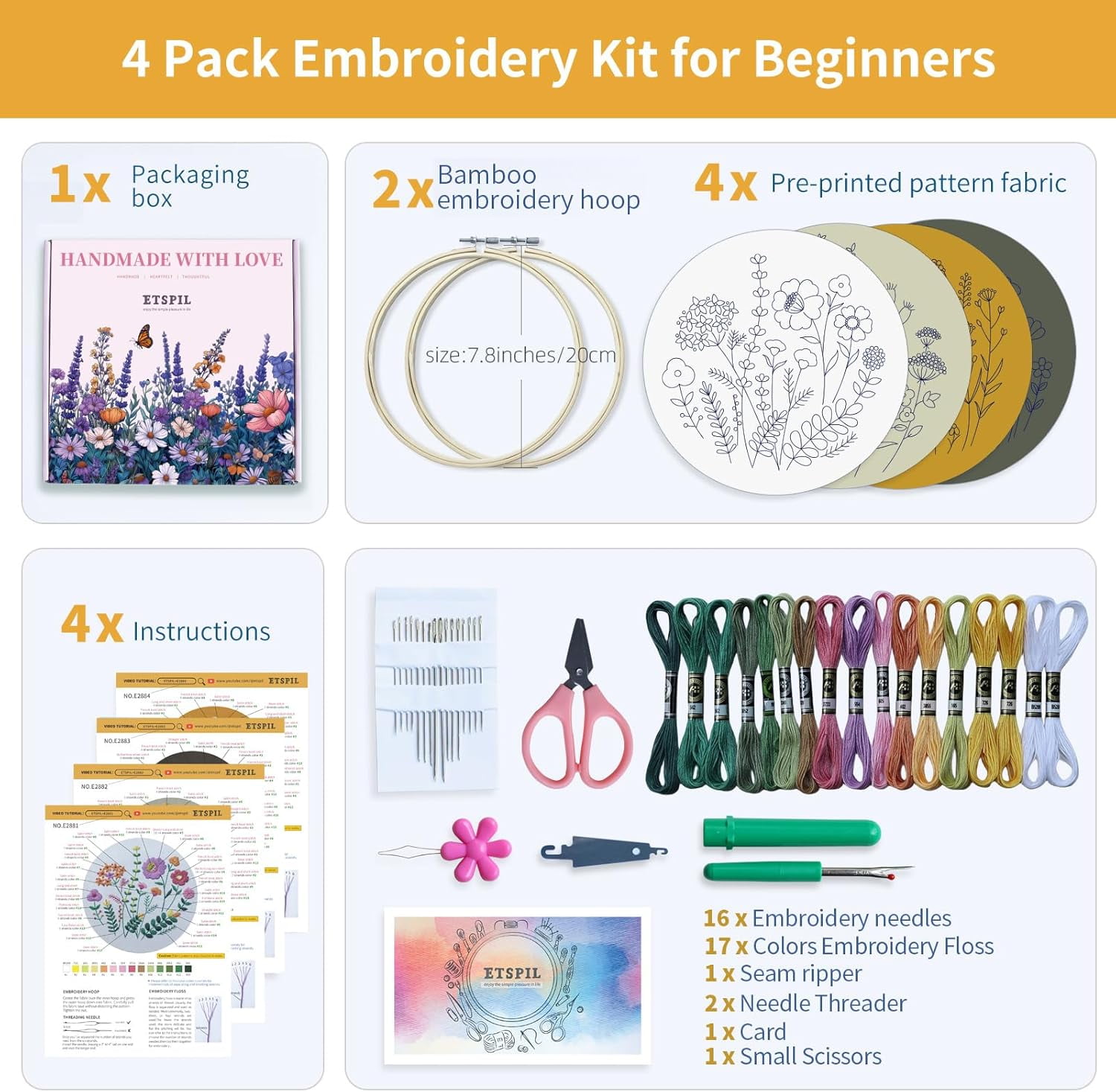 CLIQKWEN 4 Pack Beginner Embroidery Kits for Adults – DIY Starter Set with Stamped Floral Patterns, 7-Inch Adjustable Bamboo Hoop, Colorful Threads, Tools, Step-by-Step Instructions & Video Tutorials