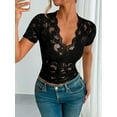 thumbnail image 5 of Mesh Top for Women Short Sleeve Crew Neck Fitted Top Solid Floral Lace Tee Shirts V Neck Sheer Blouses Black XL, 5 of 7