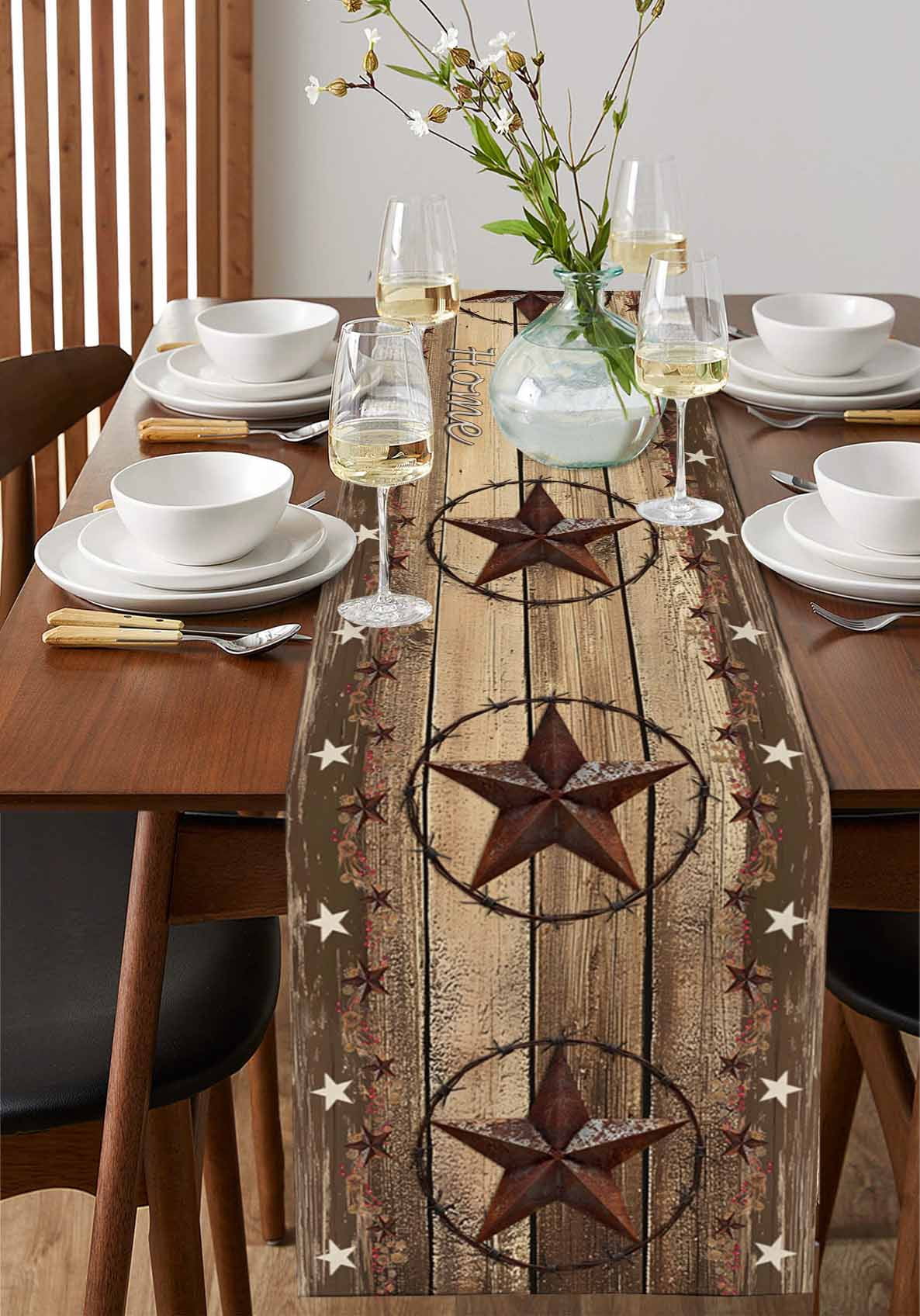 Rustic Country Table Runner 48 Inches, Western Stars Brown Texture Wooden Print Bed Runner Dresser Scarves Tabletop for Indoor Outdoor Parties/Ceremony/Banquet, 13" x 48"