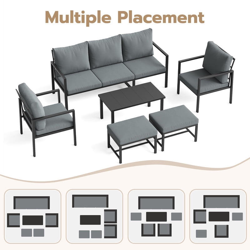 MRUAKA 6-Piece Outdoor Patio Conversation Set, Metal Frame Furniture Sofa with Armchairs & Coffee Table, Weather-Resistant Cushions for Balcony, Deck, Poolside Gray