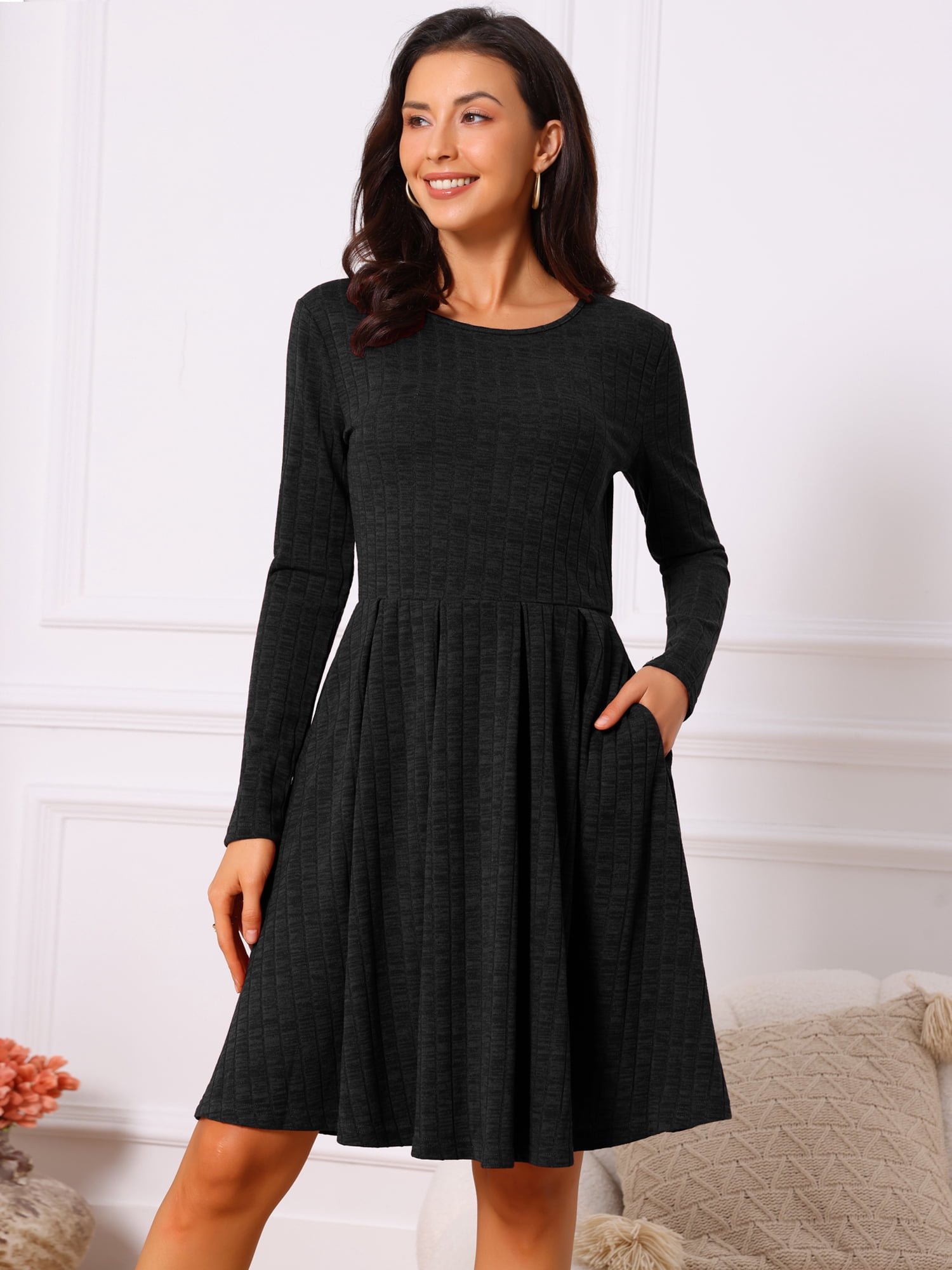 DARING DIVA Long Sleeve Round Neck A- Line Swing Knee Length Dress XL Black