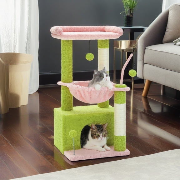 Demi Bonn 33" Cat Tree Tower Grey for Indoors Cats, Kitty Condo with Scratching Post, Modern Activity Climbing for Small and Medium Cats, Pink